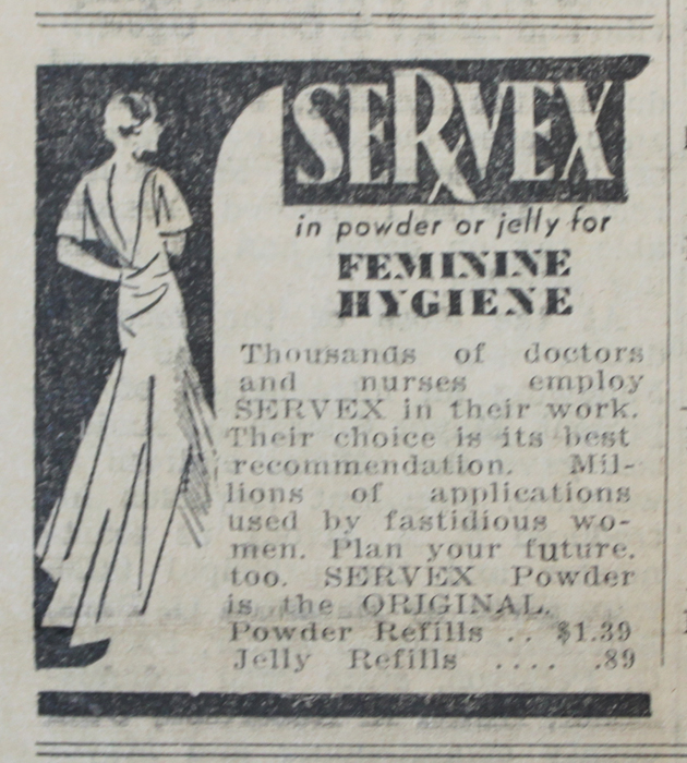 1934 ad: SERVEX in powder or jelly for FEMININE HYGIENE