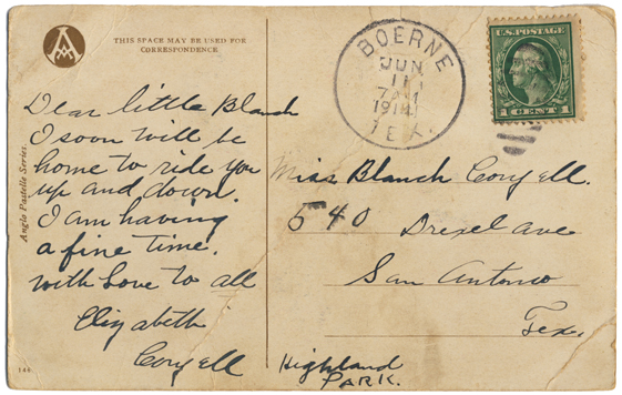 The back side of the post card with writing and vintage stamp intact