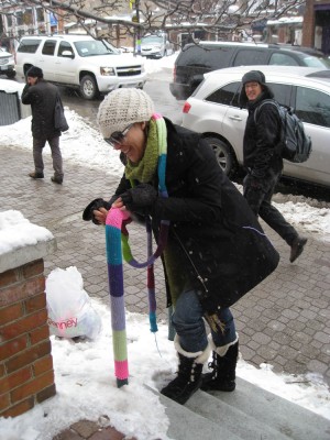 Yarn bomber in action in Park City at Sundance Film Festival