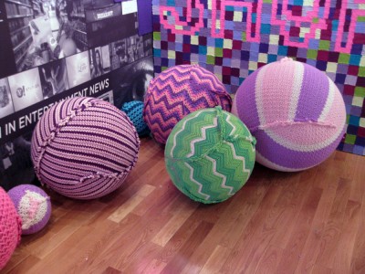 yarn bombed exercise balls at the Yahoo booth at Sundance Film Festival 2012